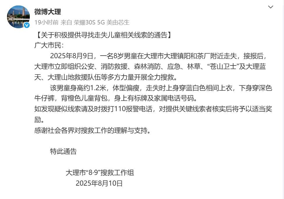 8岁自闭症男童在大理参加夏令营走失，当地教体局：将加强民办教育机构管理